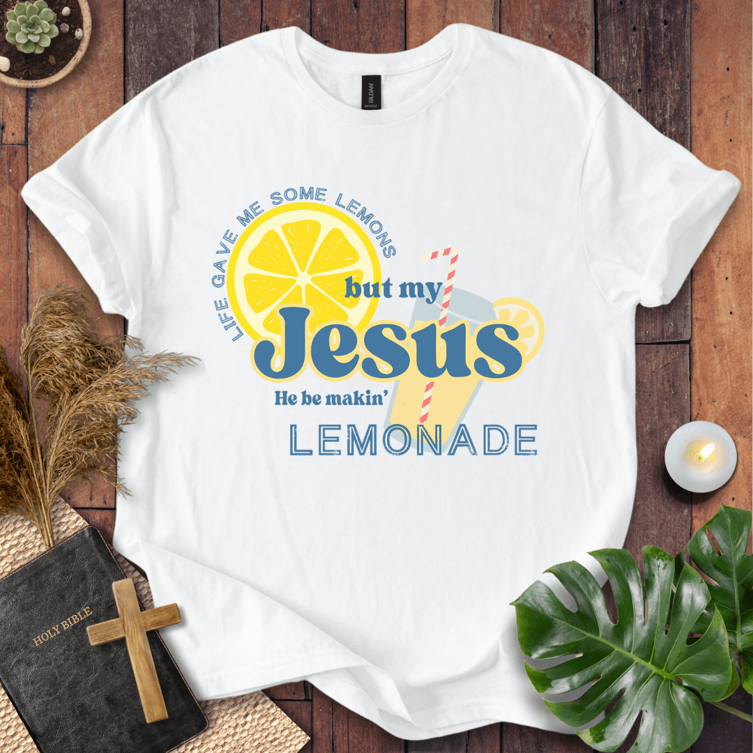 “Life gave me lemons but my Jesus makes lemonade” Christian t-shirt with bold lemon and straw graphic; playful faith tee.