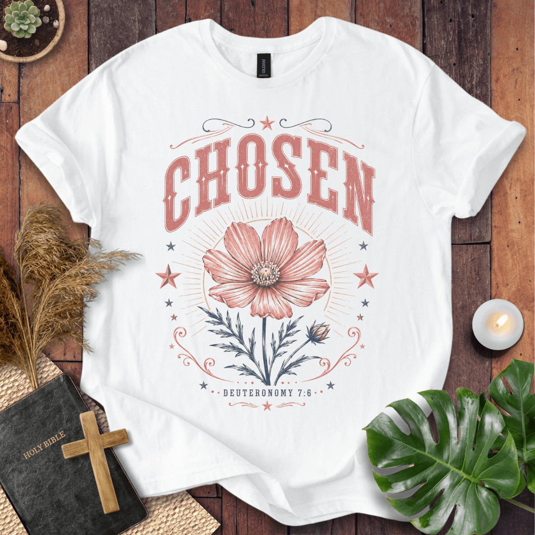a sand-colored Christian t shirt for women featuring a vintage wildflower design and Deuteronomy 7:6.