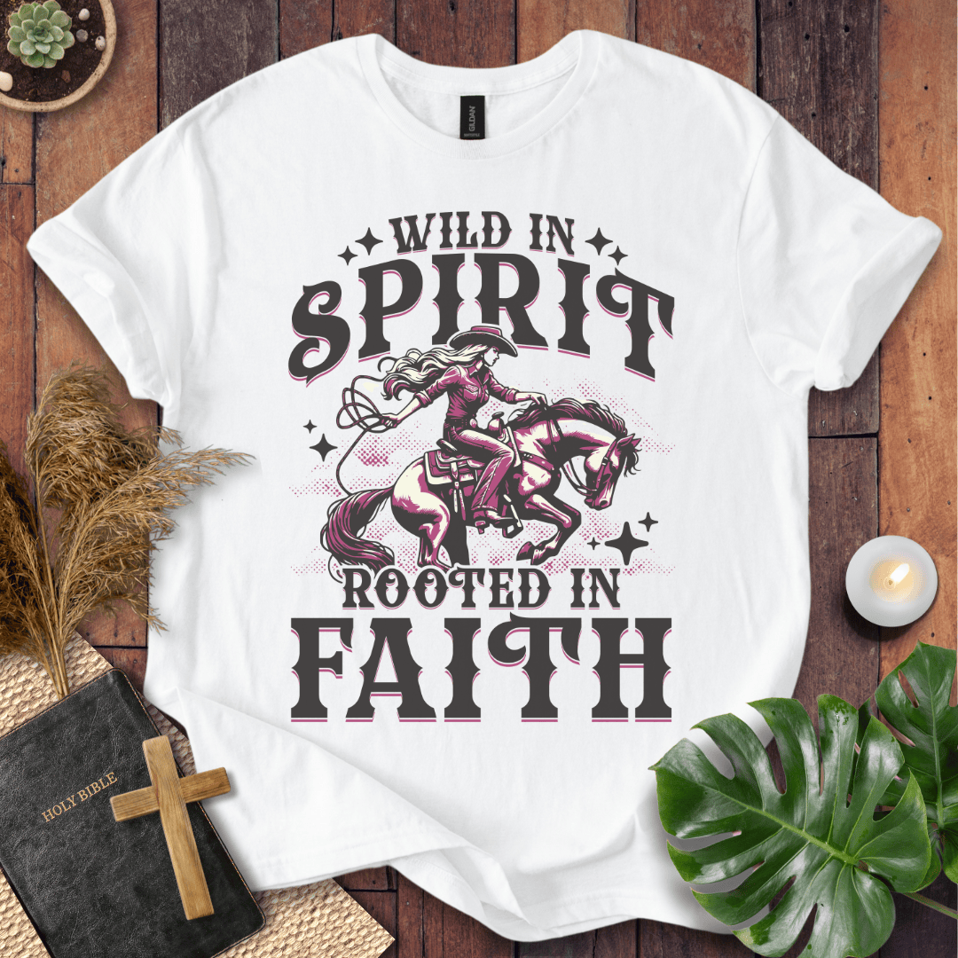 Wild in Spirit Rooted in Faith Christian t-shirt for women with cowgirl design