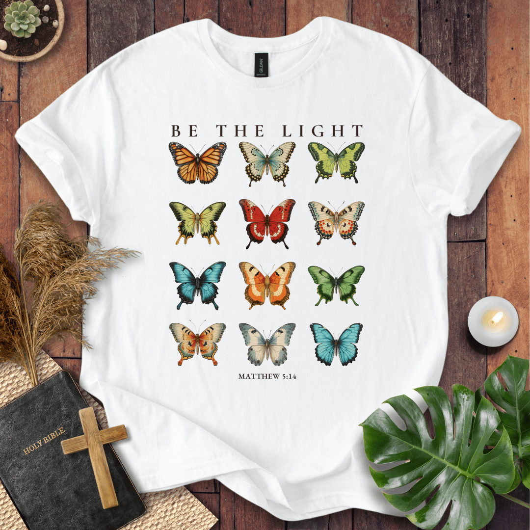 t-shirt featuring 12 vintage-style butterflies with Matthew 5:14 scripture.