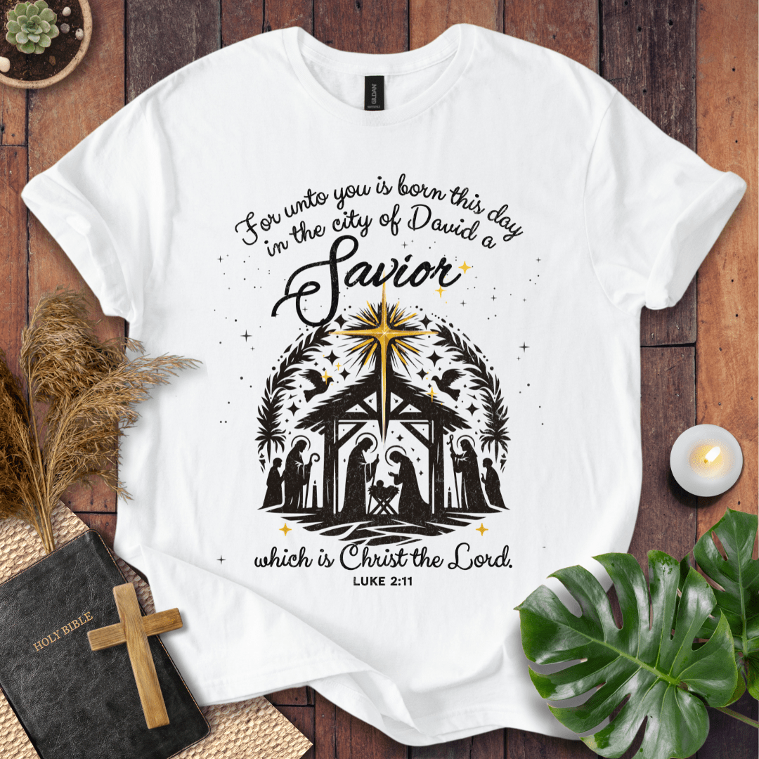 For Unto You Is Born This Day Luke 2:11 Christian Christmas t-shirt with nativity design