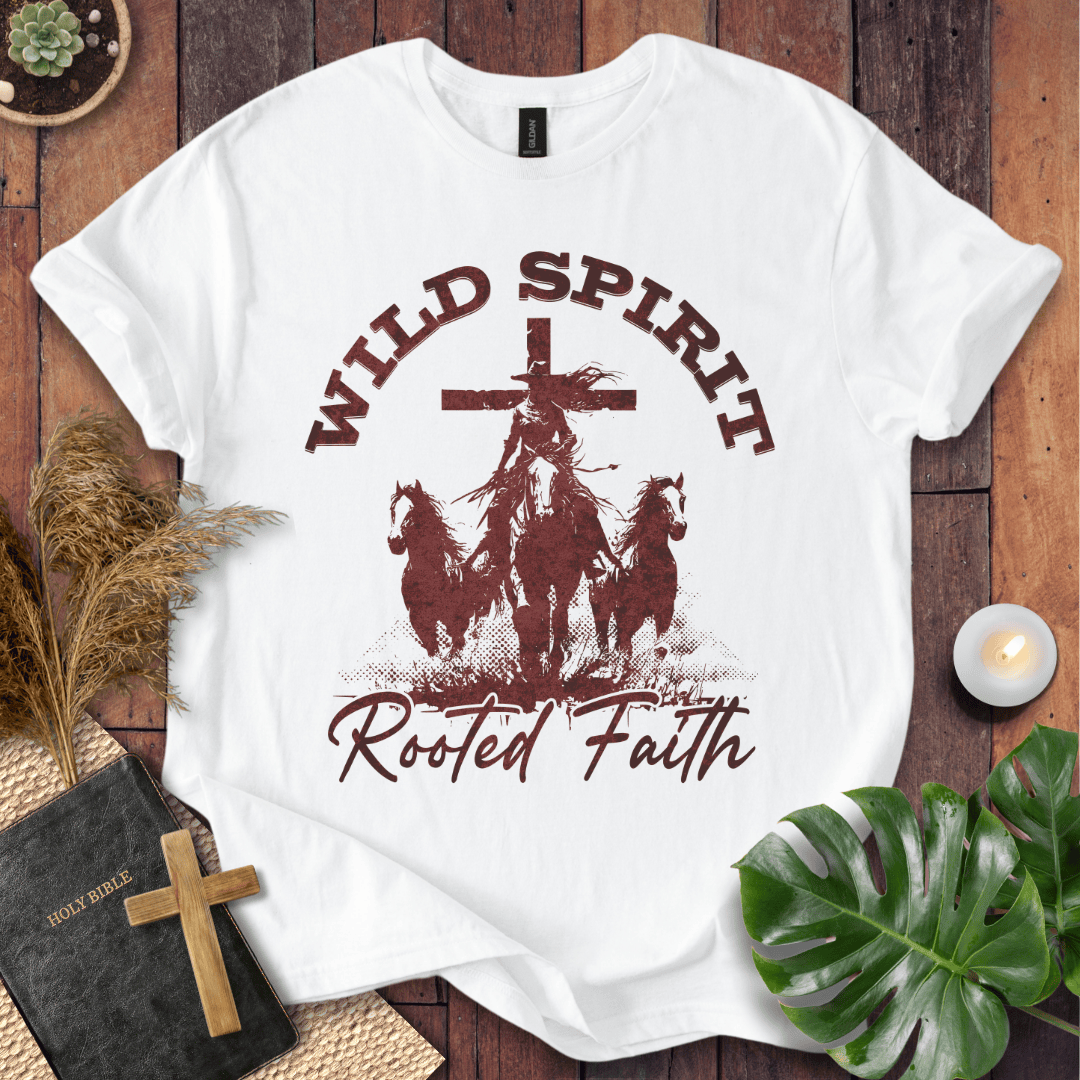 Cowgirl riding a horse in front of a cross with horses running, "Wild Spirit Rooted Faith" text on a tshirt.