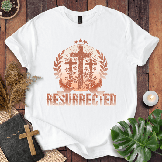 Easter t-shirt with three crosses and Resurrected text, Christian t shirts for women in vintage rust colors.