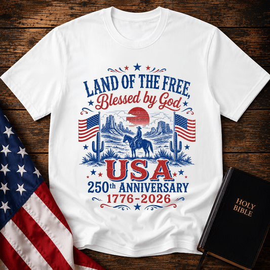 Vintage USA 250th anniversary Christian t shirt featuring a cowboy on a horse in a desert landscape with American flags.