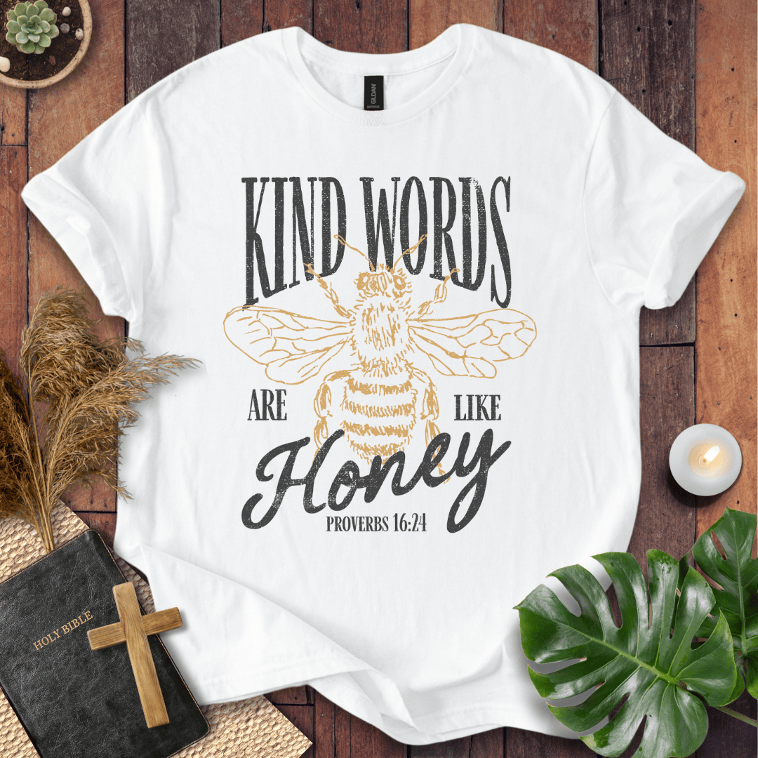 Proverbs 16:24 "Kind Words Are Like Honey" t-shirt featuring a vintage gold honeybee graphic and rustic text.