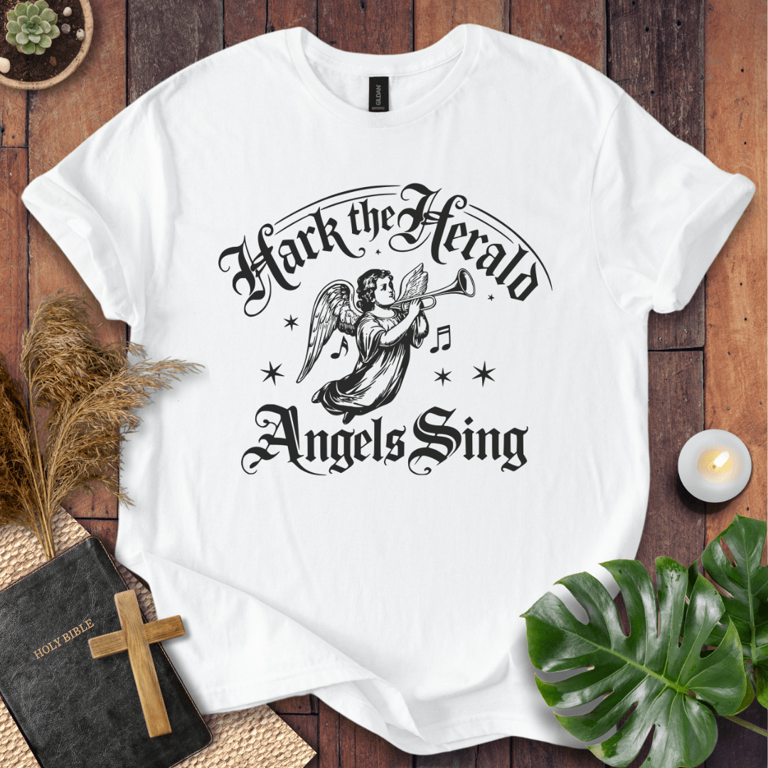 Inspirational Christian t-shirt with angel and music notes – Hark the Herald design