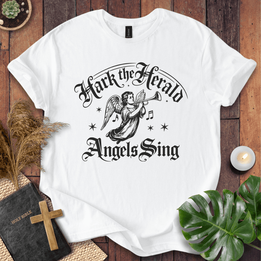 Inspirational Christian t-shirt with angel and music notes – Hark the Herald design