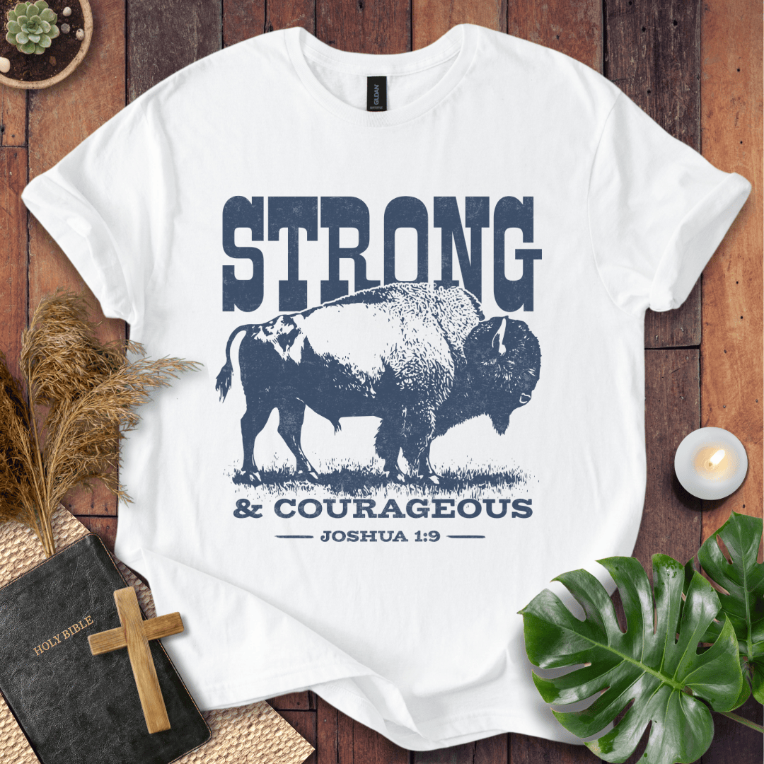 Christian t shirts featuring a vintage bison graphic and the Joshua 1:9 scripture "Strong and Courageous."