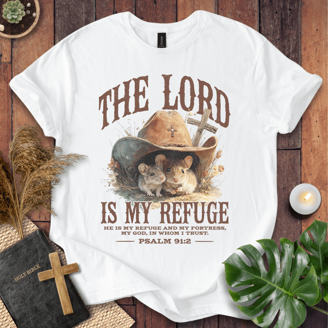 Two mice under a cowboy hat with a cross on a t-shirt. Psalm 91:2 text. Rustic Western Christian shirts for women.