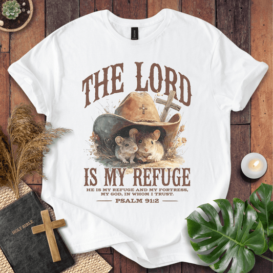 Two mice under a cowboy hat with a cross on a t-shirt. Psalm 91:2 text. Rustic Western Christian shirts for women.