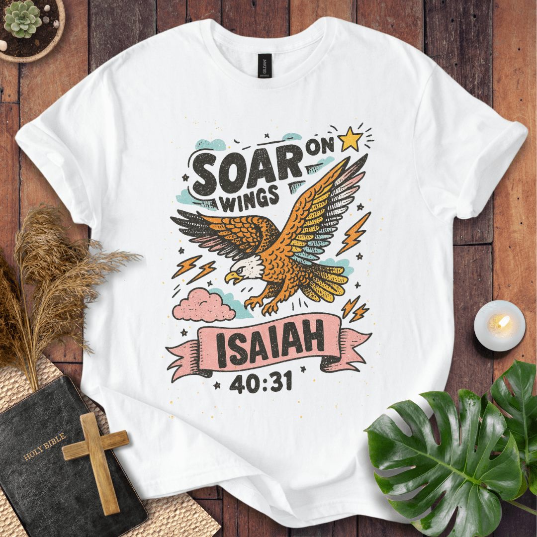 “Soar on Wings” Isaiah 40:31 Christian t-shirt with flying eagle, stars, and lightning—uplifting scripture design.
