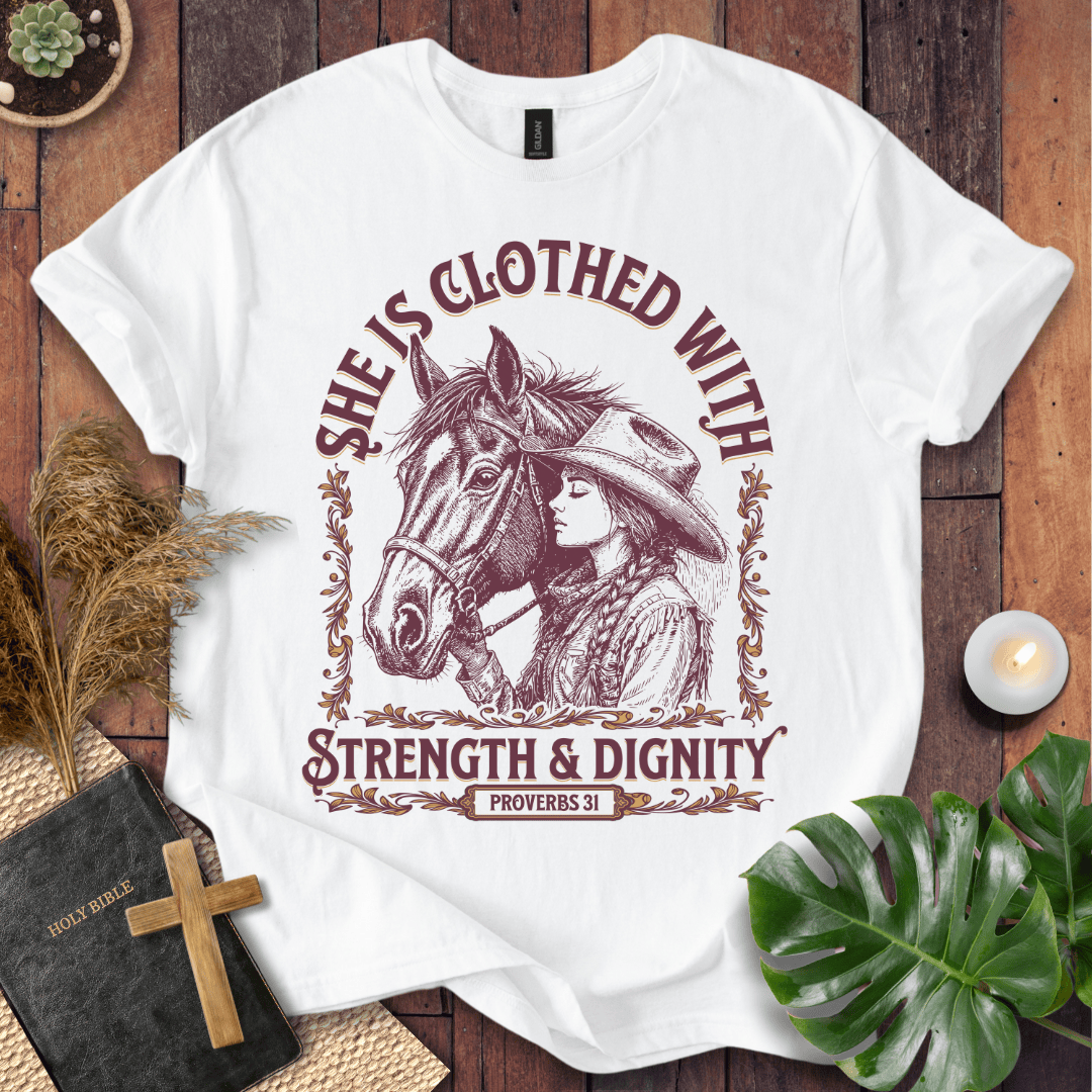Cowgirl Christian shirt with Scripture design – Strength and Dignity tee