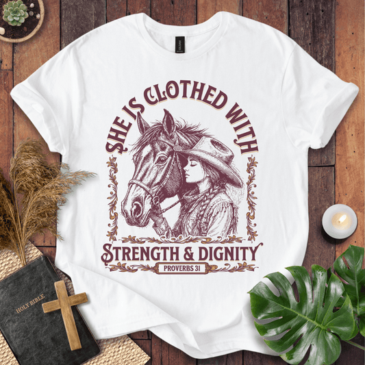 Cowgirl Christian shirt with Scripture design – Strength and Dignity tee