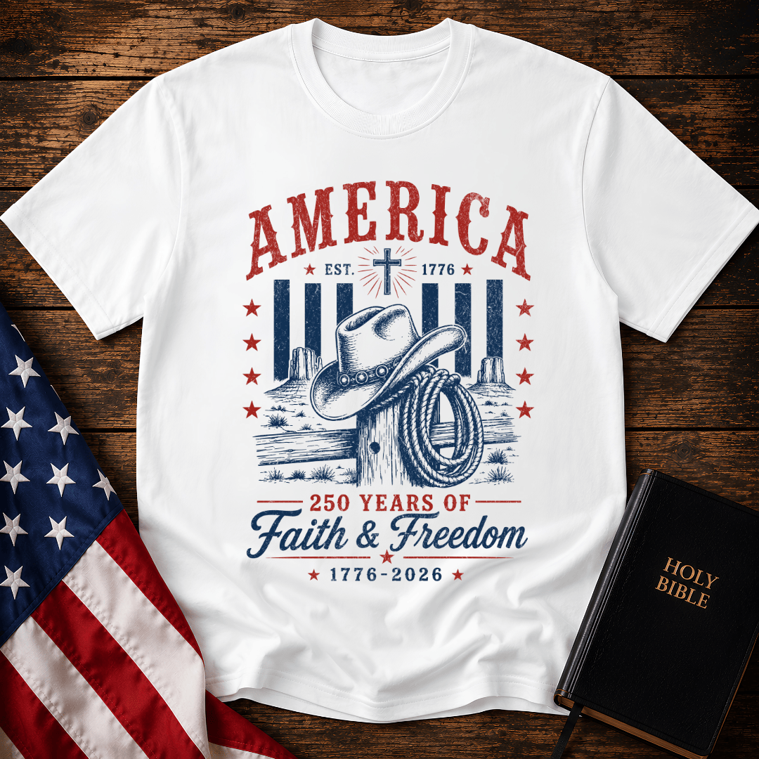 Patriotic Western graphic tee named featuring a cowboy hat, lasso, cross, and "250 Years of Faith & Freedom".