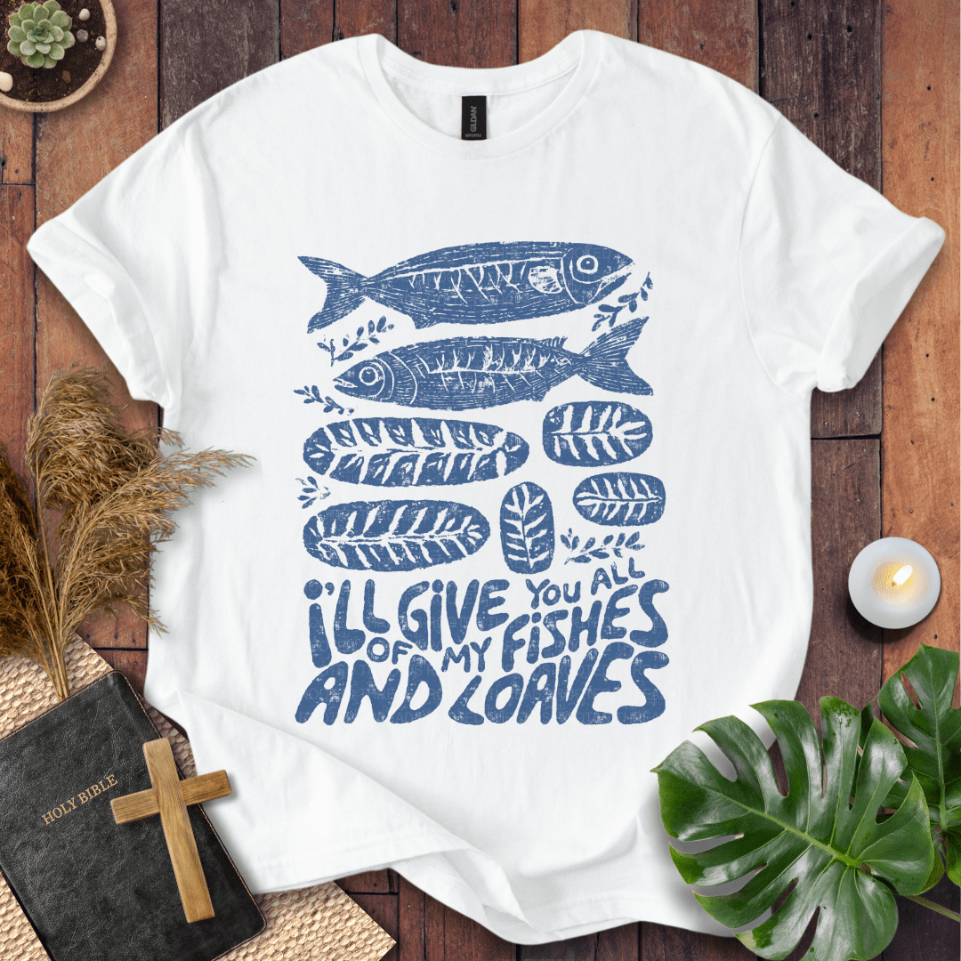Fishes and loaves Christian t-shirt—hand-drawn fish and bread graphic, John 6.