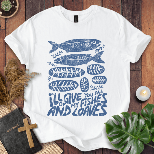 Fishes and loaves Christian t-shirt—hand-drawn fish and bread graphic, John 6.