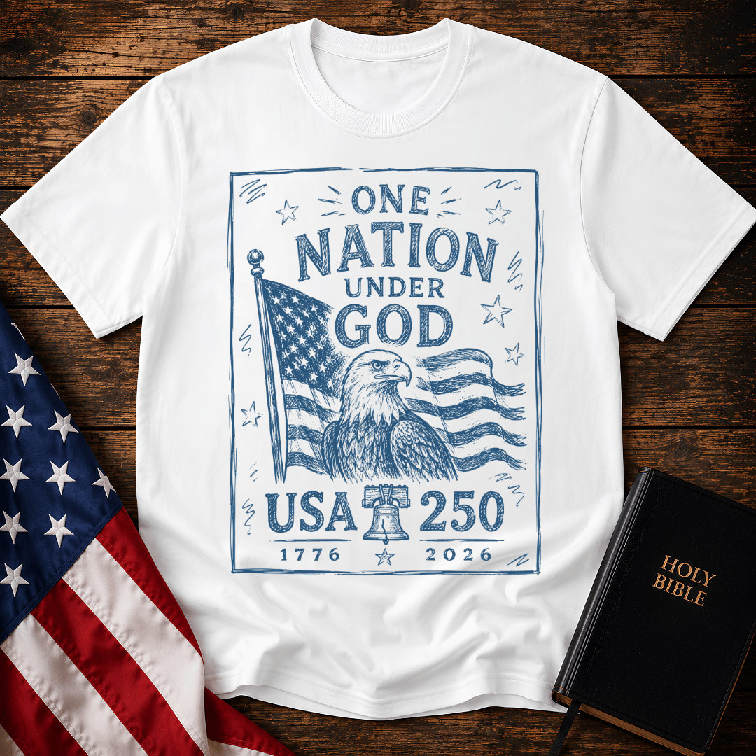 USA 250 Christian t shirt featuring a blue sketch design of a bald eagle, American flag, and Liberty Bell.