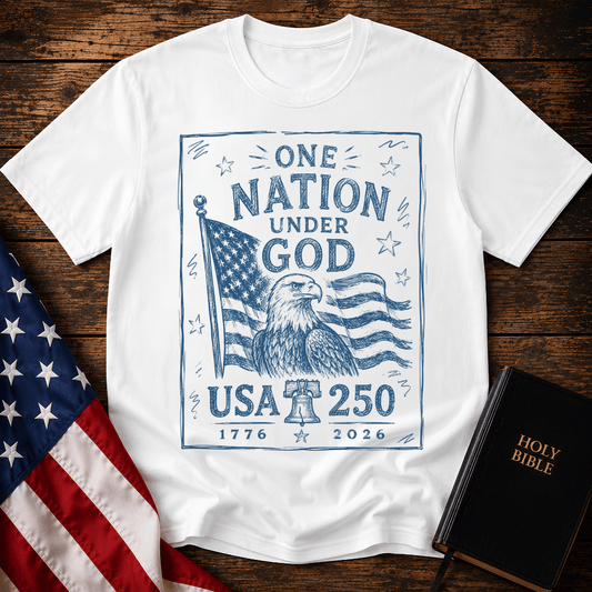 USA 250 Christian t shirt featuring a blue sketch design of a bald eagle, American flag, and Liberty Bell.