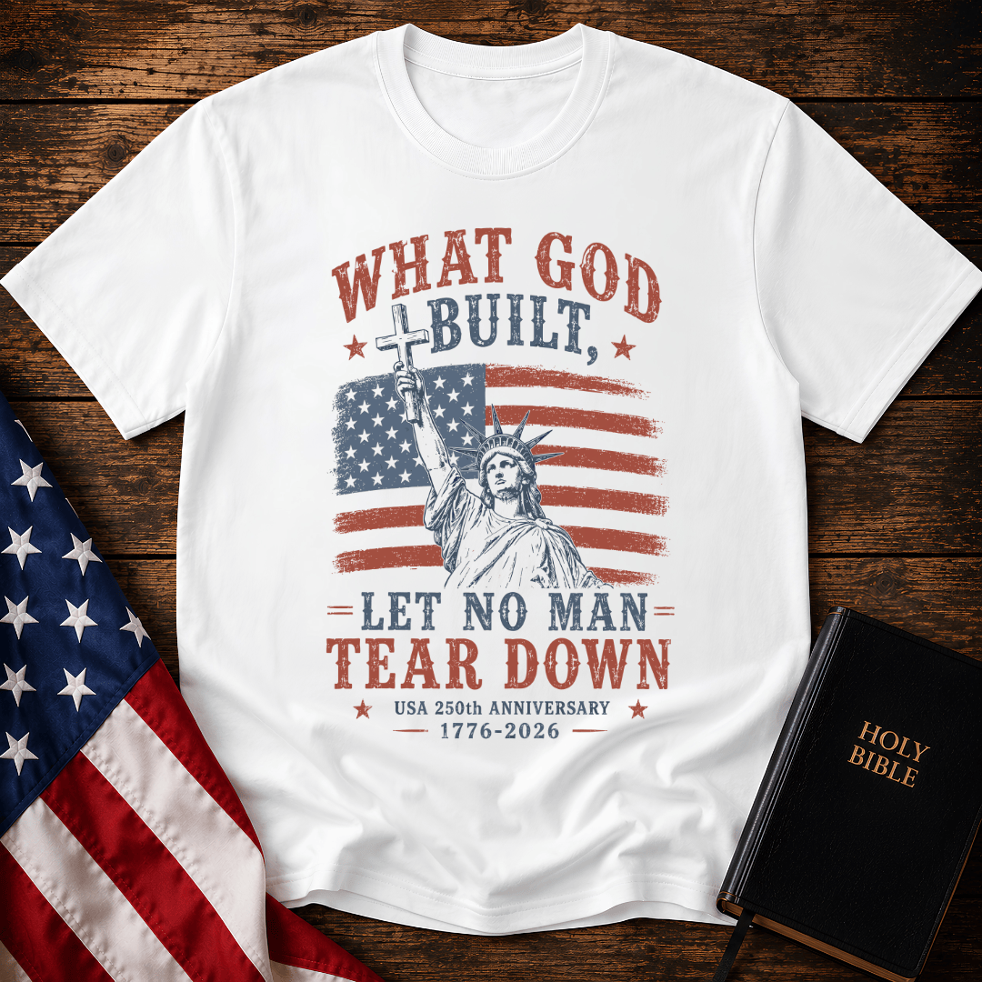 Patriotic Christian t shirt featuring the Statue of Liberty holding a cross over an American flag for the USA 250th anniversary.