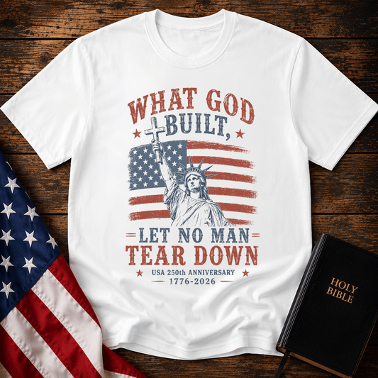 Patriotic Christian t shirt featuring the Statue of Liberty holding a cross over an American flag for the USA 250th anniversary.
