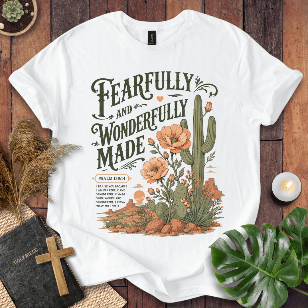 t-shirt featuring a saguaro cactus, desert flowers, and the text Fearfully and Wonderfully Made Psalm 139:14.