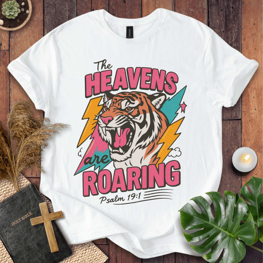 The Heavens Are Roaring Psalm 19:1 retro tiger and lightning Christian t-shirt; bold worship shirt.