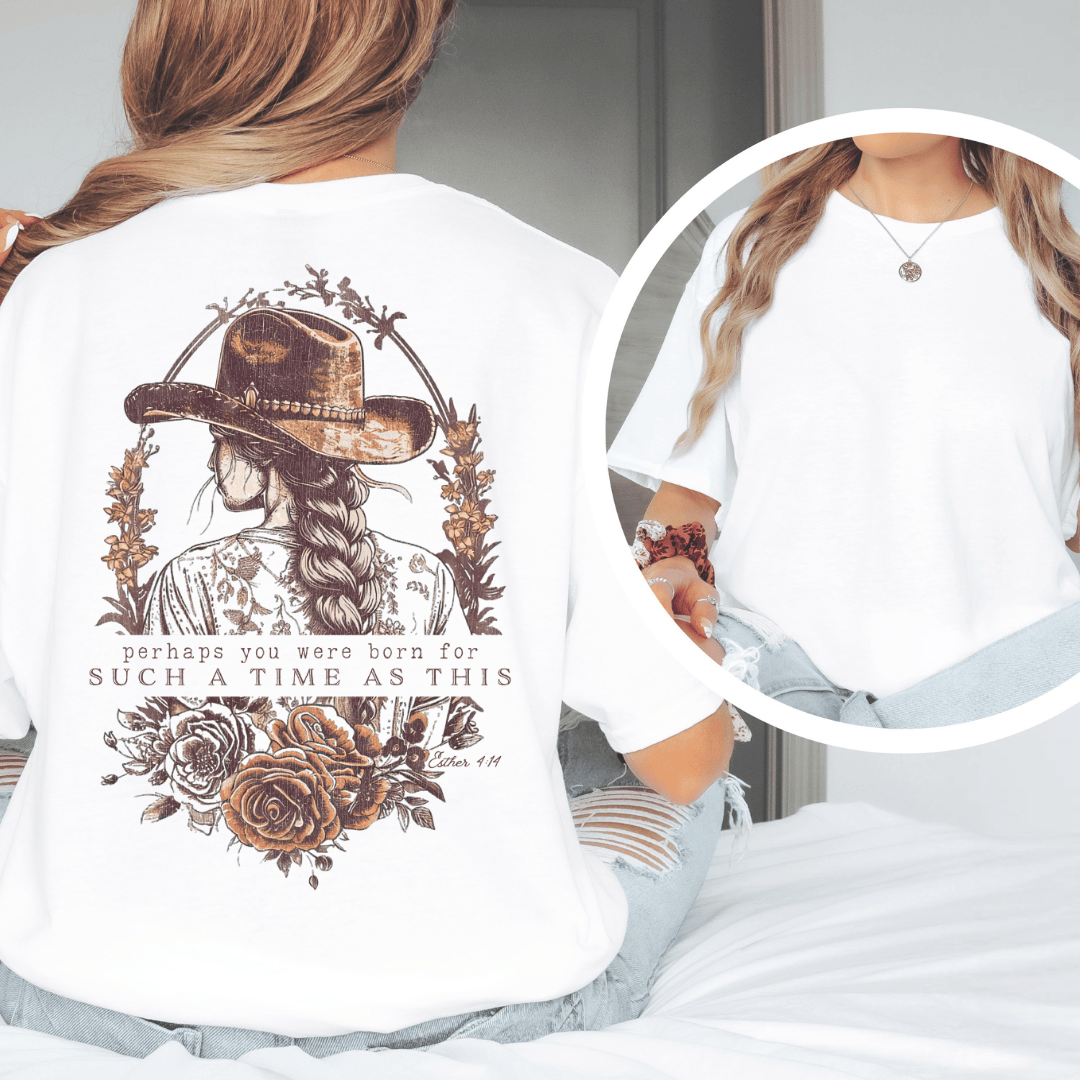 Christian t-shirt featuring a Western girl with a braid and cowboy hat surrounded by roses and Esther 4:14 text.