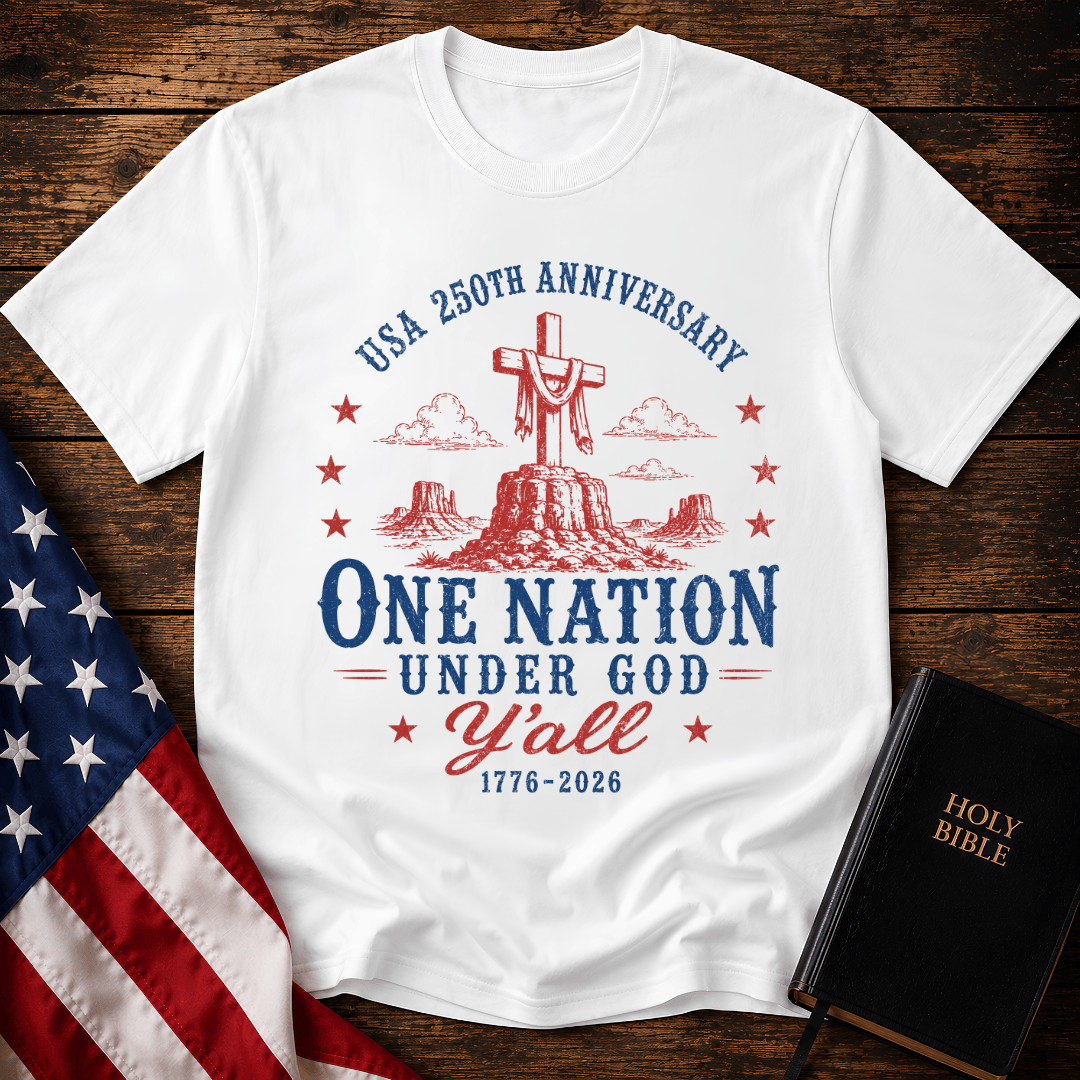 Patriotic western graphic tee featuring a wooden cross on a desert mesa with text One Nation Under God Y'all 1776-2026.