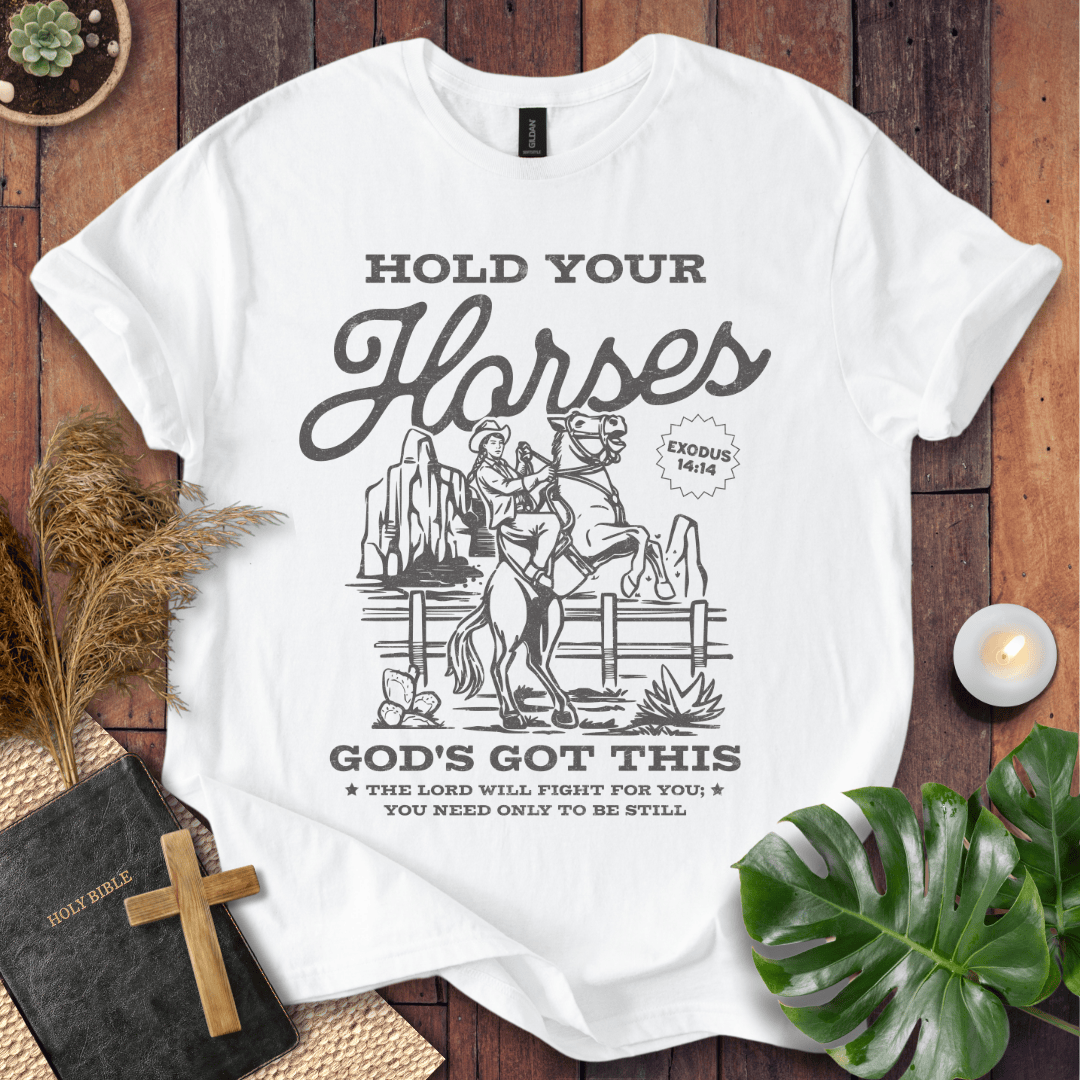 Vintage t-shirt with a cowgirl on a rearing horse and Exodus 14:14 bible verse scripture for women's western style.