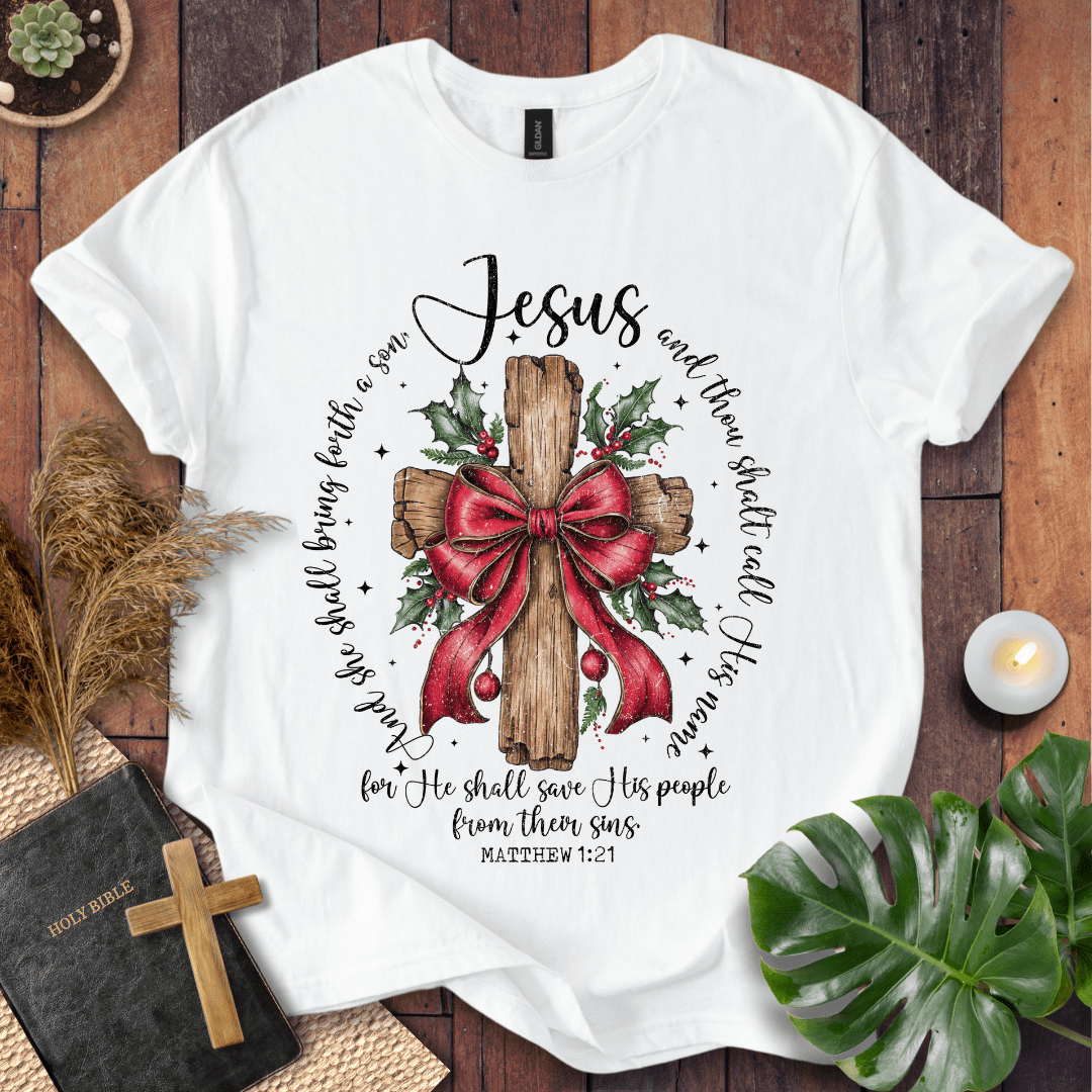 Faith Christmas shirt with Scripture Matthew 1:21 – religious holiday tee