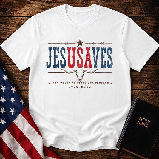 Patriotic sand colored graphic t shirt with Jesus Saves text, a longhorn skull, barbed wire, and American flag.