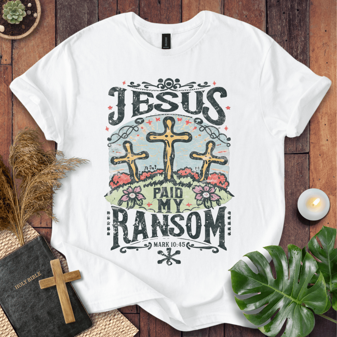 Easter Christian t shirts for women featuring three crosses and Mark 10:45 scripture with vintage floral details.