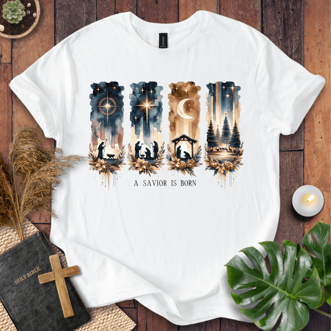 A Savior Is Born Christian Christmas t-shirt with watercolor nativity design