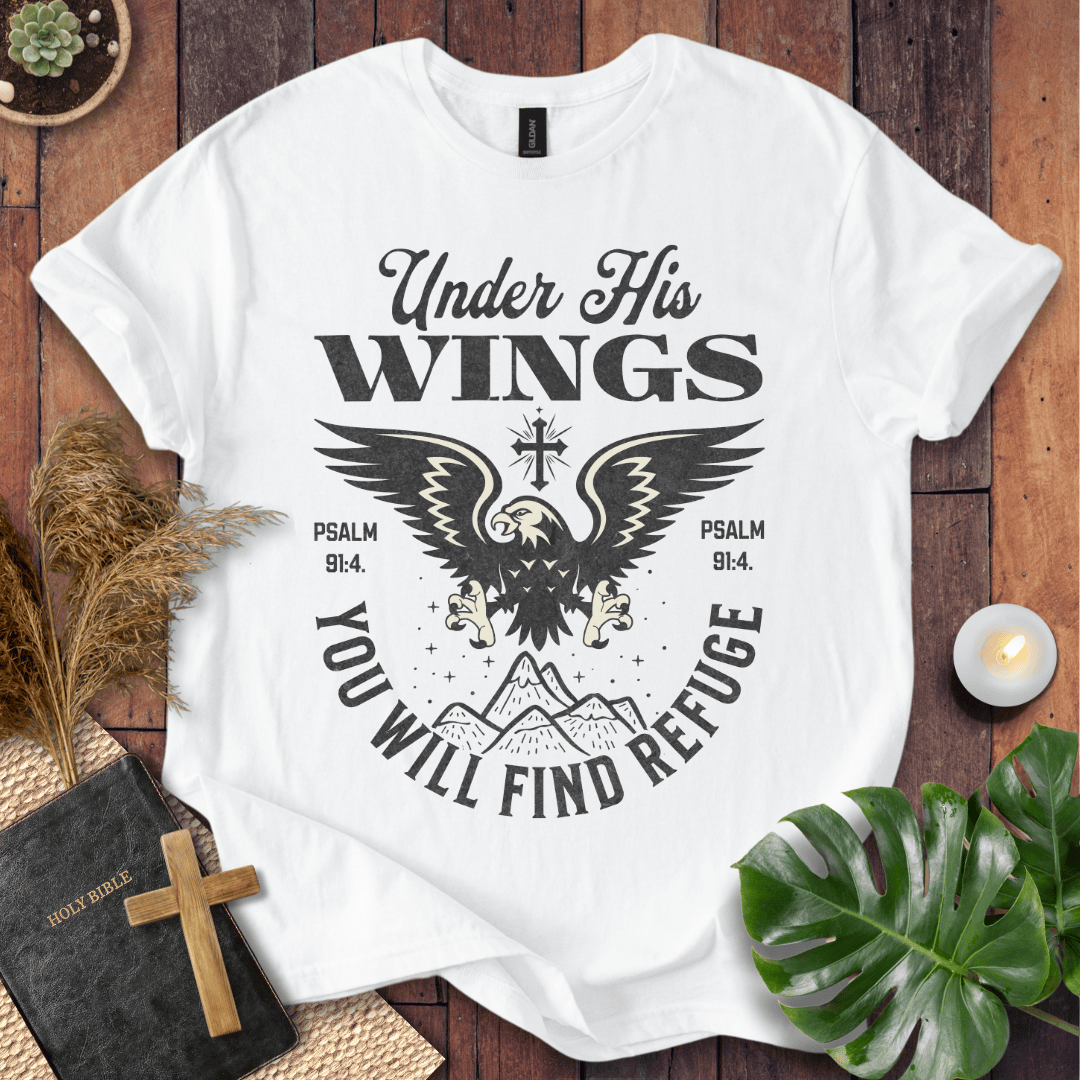 t-shirt with a vintage eagle, mountains, and Psalm 91:4 scripture text "Under His Wings You Will Find Refuge."