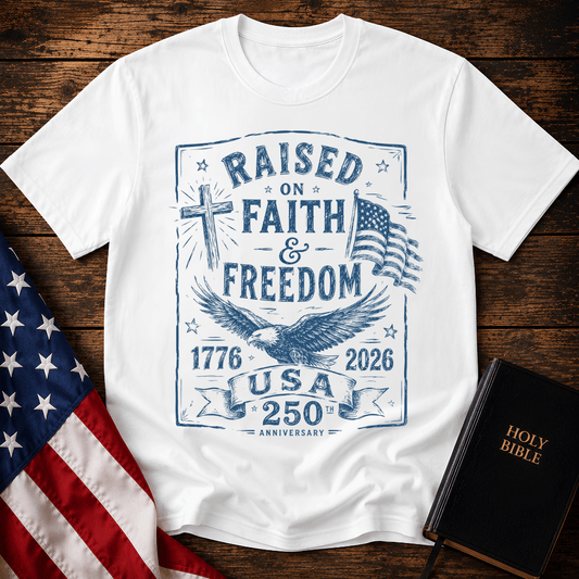 Patriotic Christian t shirts for women with a blue sketch of a cross, eagle, American flag, and 1776-2026.